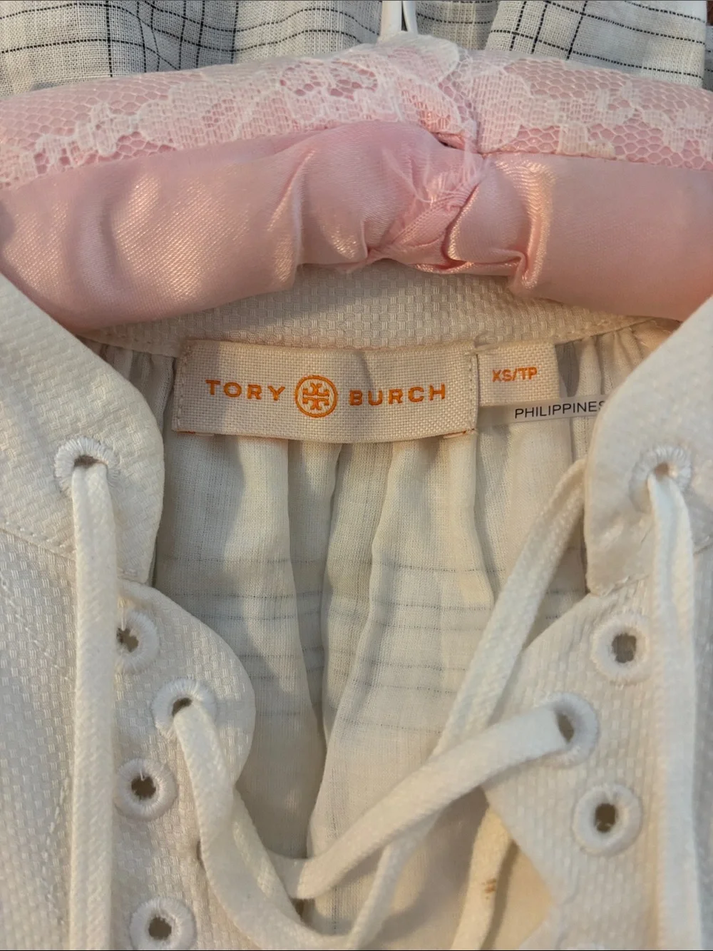 Tory Burch White Plaid Lace-Up Tiered Dress